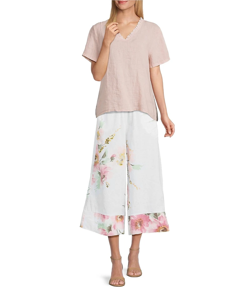 M Made In Italy Linen Ruffle V-Neck Short Sleeve High-Low Top