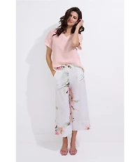 M Made In Italy Linen Ruffle V-Neck Short Sleeve High-Low Top