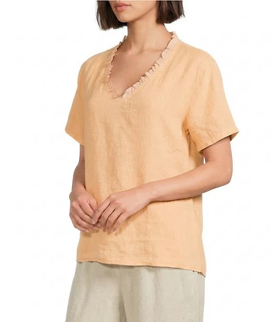 M Made In Italy Linen Ruffle V-Neck Short Sleeve High-Low Top