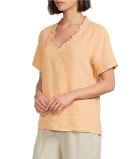 M Made In Italy Linen Ruffle V-Neck Short Sleeve High-Low Top