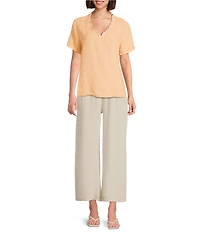 M Made In Italy Linen Ruffle V-Neck Short Sleeve High-Low Top