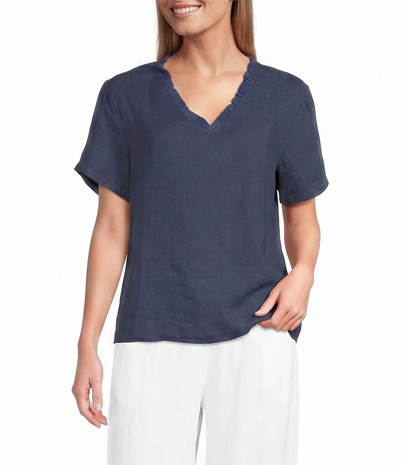 M Made in Italy Linen Ruffle V-Neck Short Sleeve High-Low Top