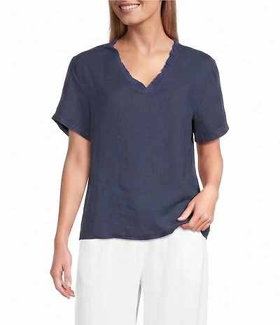 M Made in Italy Linen Ruffle V-Neck Short Sleeve High-Low Top