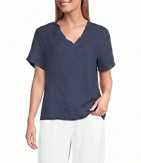 M Made in Italy Linen Ruffle V-Neck Short Sleeve High-Low Top