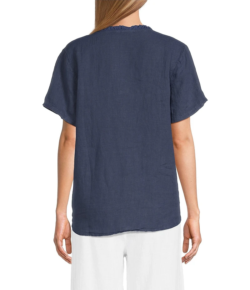 M Made in Italy Linen Ruffle V-Neck Short Sleeve High-Low Top
