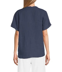 M Made in Italy Linen Ruffle V-Neck Short Sleeve High-Low Top