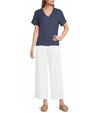 M Made in Italy Linen Ruffle V-Neck Short Sleeve High-Low Top
