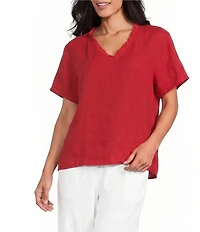 M Made in Italy Linen Ruffle V-Neck Short Sleeve High-Low Top