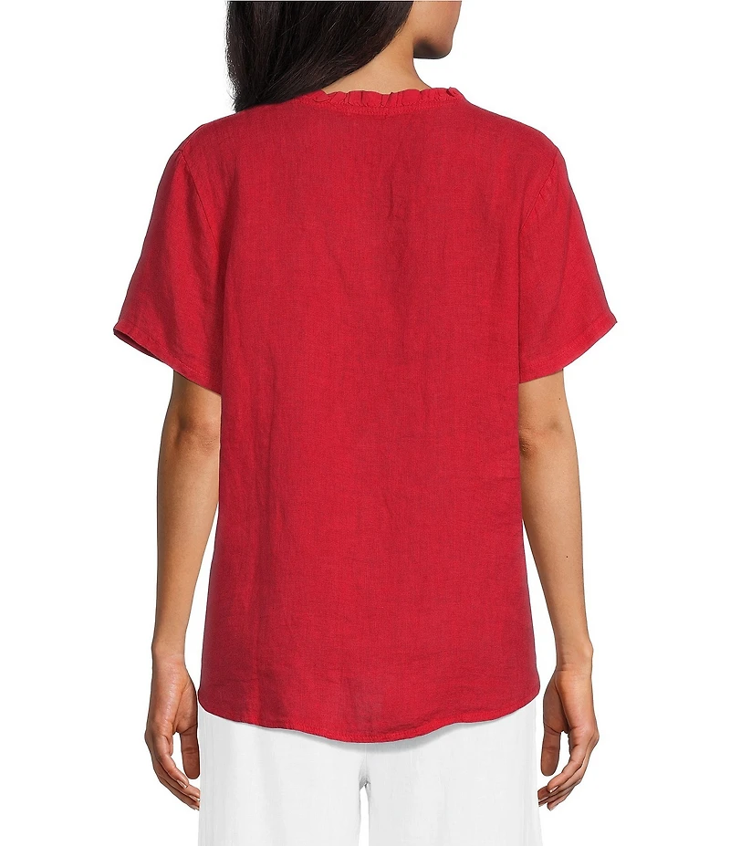 M Made in Italy Linen Ruffle V-Neck Short Sleeve High-Low Top