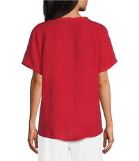 M Made in Italy Linen Ruffle V-Neck Short Sleeve High-Low Top