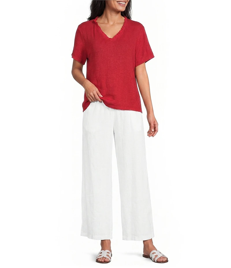 M Made in Italy Linen Ruffle V-Neck Short Sleeve High-Low Top
