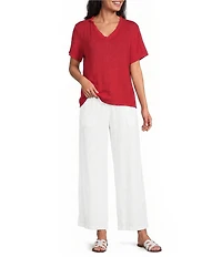 M Made in Italy Linen Ruffle V-Neck Short Sleeve High-Low Top