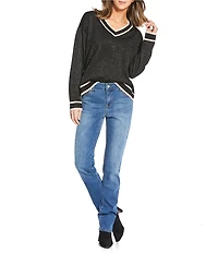 M Made In Italy Lurex Knit Contrast Trim V-Neck Drop Shoulder Long Sleeve Sweater