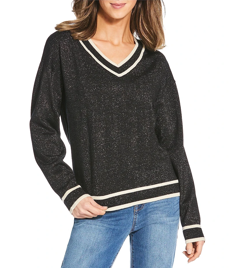 M Made In Italy Lurex Knit Contrast Trim V-Neck Drop Shoulder Long Sleeve Sweater