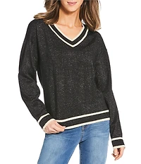 M Made In Italy Lurex Knit Contrast Trim V-Neck Drop Shoulder Long Sleeve Sweater