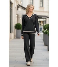 M Made in Italy Lurex Knit Contrast Trim V-Neck Drop Shoulder Long Sleeve Sweater