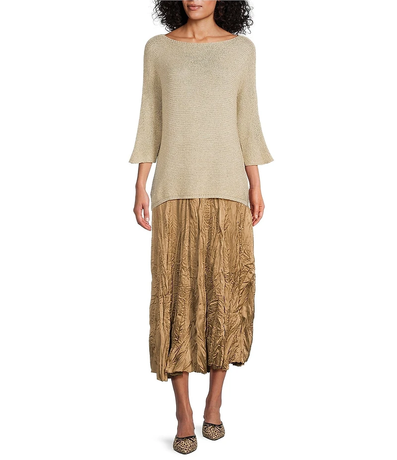 M Made in Italy Metallic Knit Boat Neck 3/4 Sleeve Top