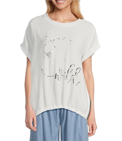 M Made in Italy Mix Media Foil Print Short Sleeve Drawstring Hem Tee