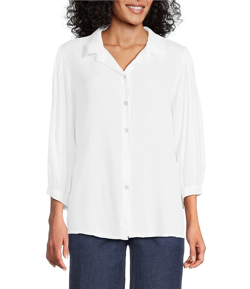 M Made in Italy Point Collar 3/4 Puff Sleeve Button Front Blouse