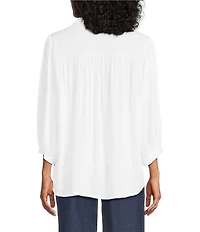 M Made in Italy Point Collar 3/4 Puff Sleeve Button Front Blouse