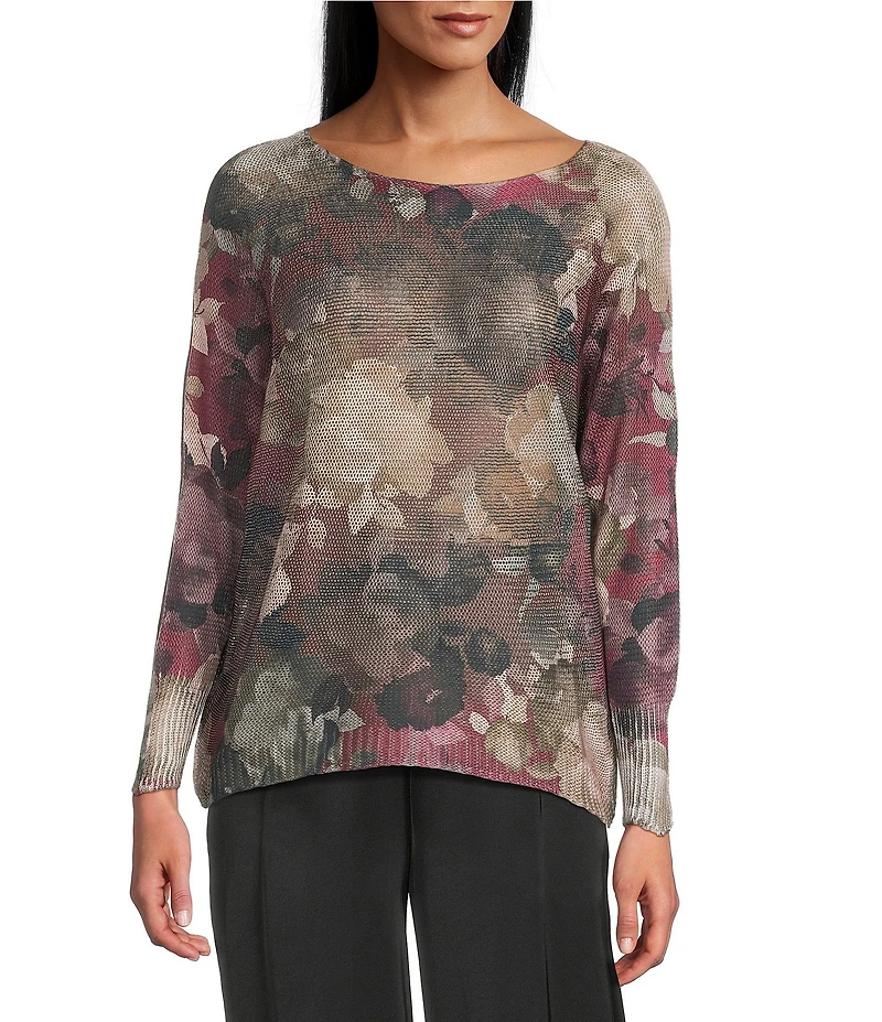 M Made in Italy Printed Boat Neck Long Sleeve Knit Top