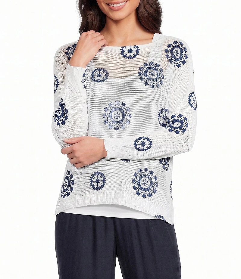 M Made in Italy Printed Knit Boat Neck Long Bat Sleeve Top