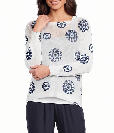M Made in Italy Printed Knit Boat Neck Long Bat Sleeve Top