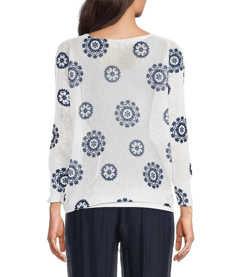 M Made in Italy Printed Knit Boat Neck Long Bat Sleeve Top