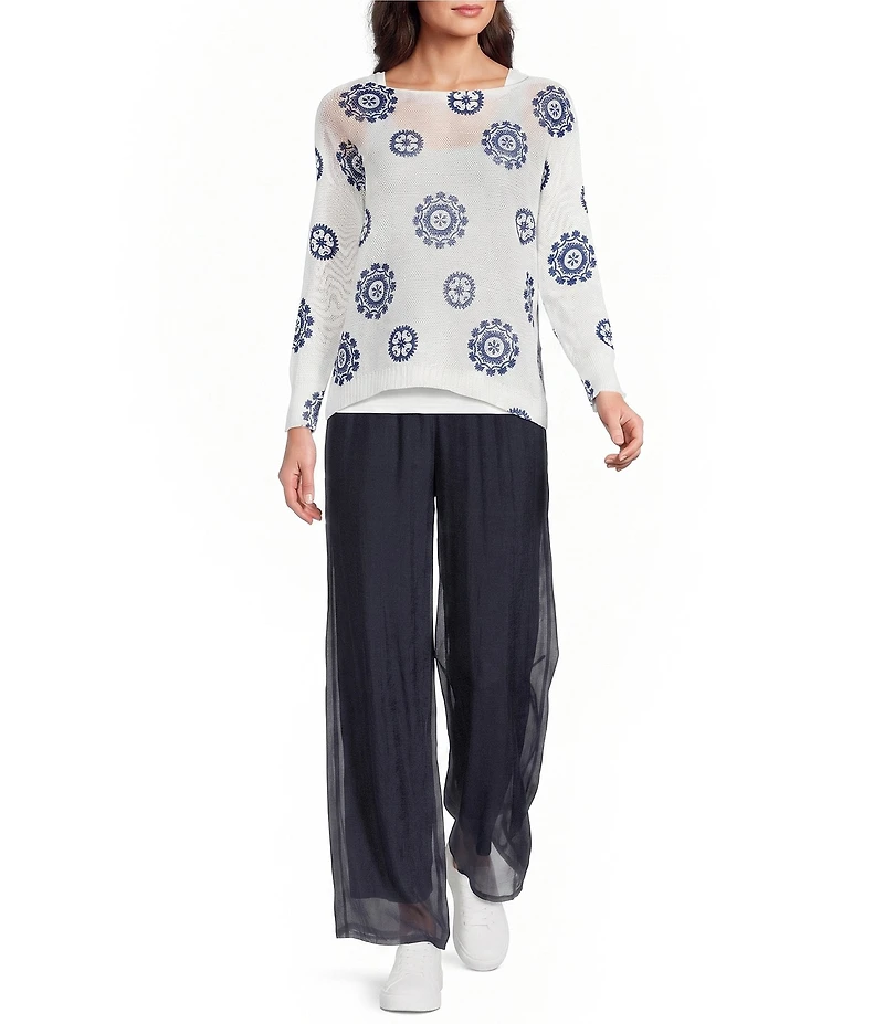 M Made in Italy Printed Knit Boat Neck Long Bat Sleeve Top