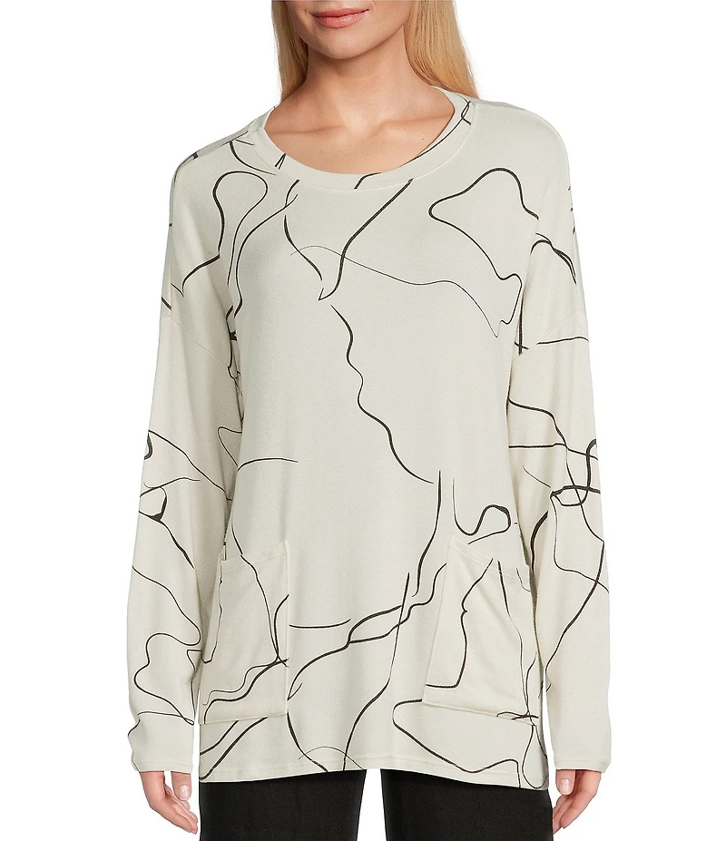 M Made in Italy Printed Knit Scoop Neck Drop Shoulder Long Sleeve Tunic