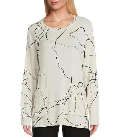 M Made in Italy Printed Knit Scoop Neck Drop Shoulder Long Sleeve Tunic