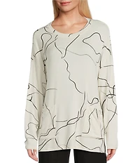 M Made in Italy Printed Knit Scoop Neck Drop Shoulder Long Sleeve Tunic
