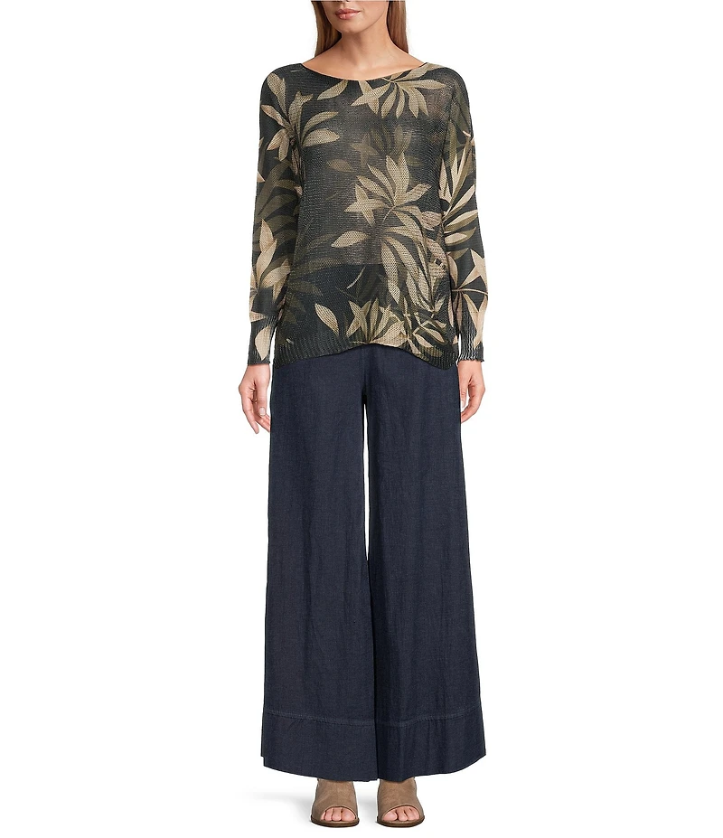 M Made in Italy Leaf Printed Scoop Neck Long Sleeve Knit Top