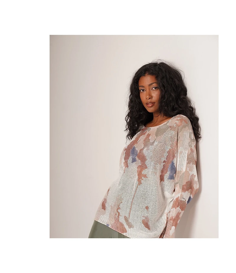 M Made in Italy Printed Scoop Neck Long Sleeve Knit Top