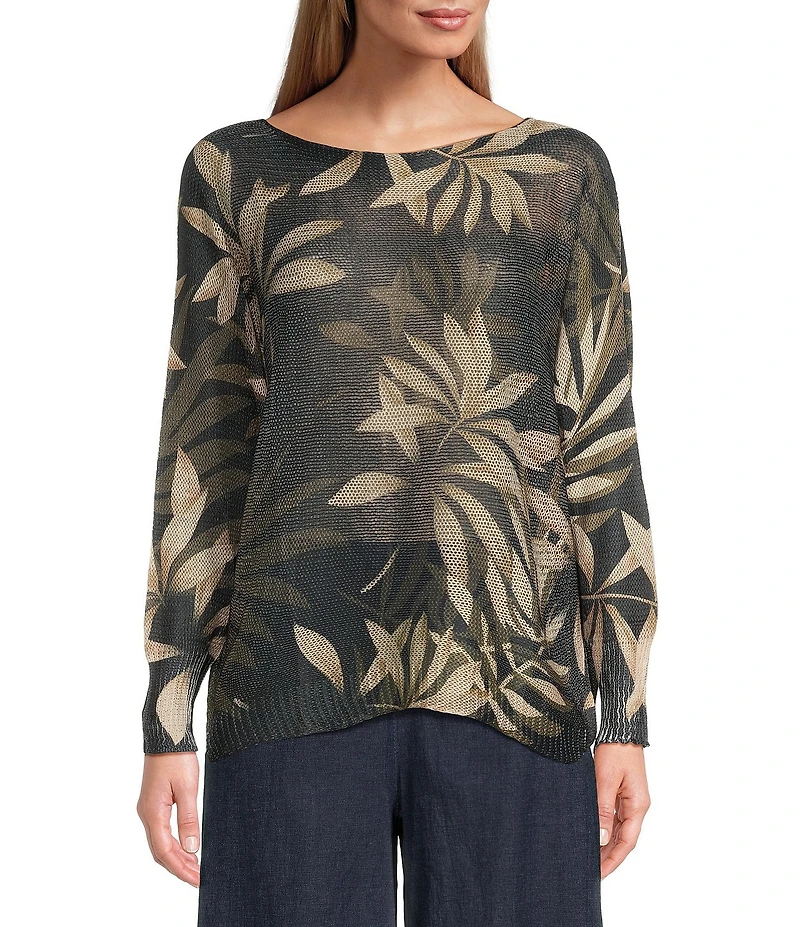 M Made in Italy Leaf Printed Boat Neck Long Sleeve Knit Top