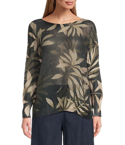 M Made in Italy Leaf Printed Boat Neck Long Sleeve Knit Top