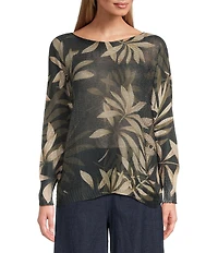 M Made in Italy Leaf Printed Boat Neck Long Sleeve Knit Top