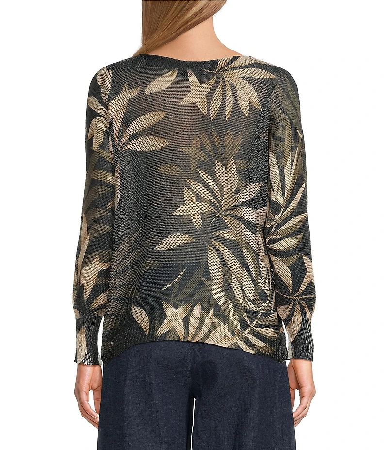 M Made in Italy Leaf Printed Boat Neck Long Sleeve Knit Top