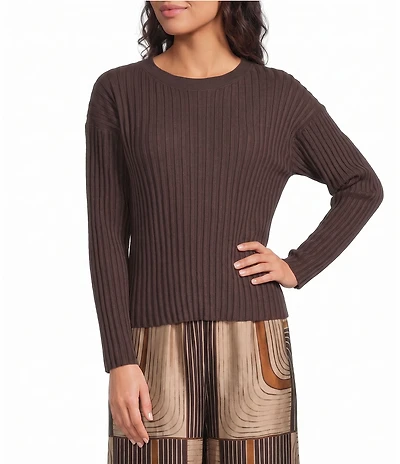 M Made In Italy Ribbed Knit Crew Neck Long Sleeve Sweater