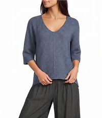 M Made in Italy Ribbed Knit V-Neck 3/4 Sleeve Sweater Top