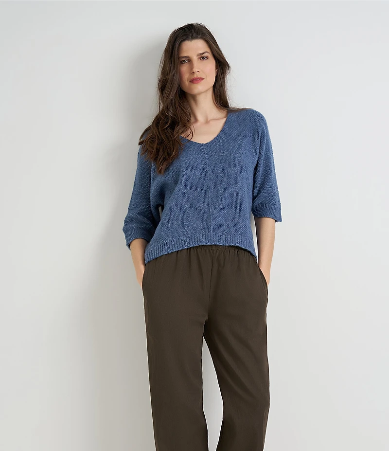 M Made in Italy Ribbed Knit V-Neck 3/4 Sleeve Sweater Top