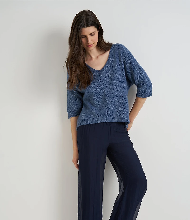 M Made in Italy Ribbed Knit V-Neck 3/4 Sleeve Sweater Top