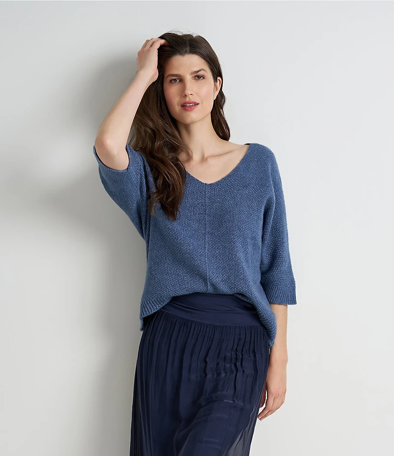 M Made in Italy Ribbed Knit V-Neck 3/4 Sleeve Sweater Top