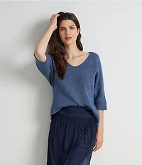 M Made in Italy Ribbed Knit V-Neck 3/4 Sleeve Sweater Top