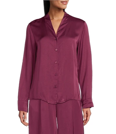 M Made in Italy Satin Coordinating V-Neck Long Sleeve Button Front Blouse