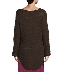 M Made in Italy Scoop Neck Long Sleeve Hi-Low Hem Cable Knit Sweater