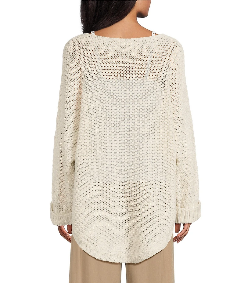 M Made In Italy Scoop Neck Long Sleeve Hi-Low Hem Cable Knit Sweater
