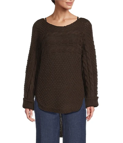 M Made in Italy Scoop Neck Long Sleeve Hi-Low Hem Cable Knit Sweater