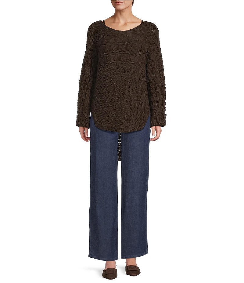 M Made in Italy Scoop Neck Long Sleeve Hi-Low Hem Cable Knit Sweater