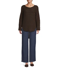 M Made in Italy Scoop Neck Long Sleeve Hi-Low Hem Cable Knit Sweater